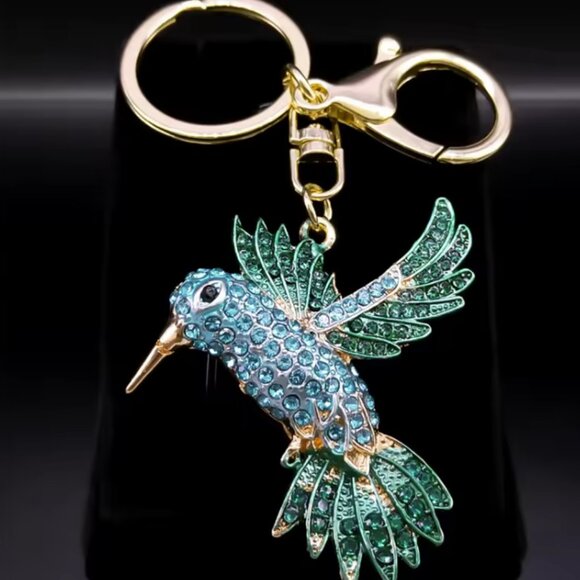 Green Hummingbird Keychain for Women Men Rhinestone Gold Color Alloy Animal Bird - Picture 2 of 13